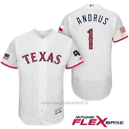 Maglia Baseball Uomo Texas Rangers 2017 Estrellas y Rayas Elvis Andrus Bianco Flex Base